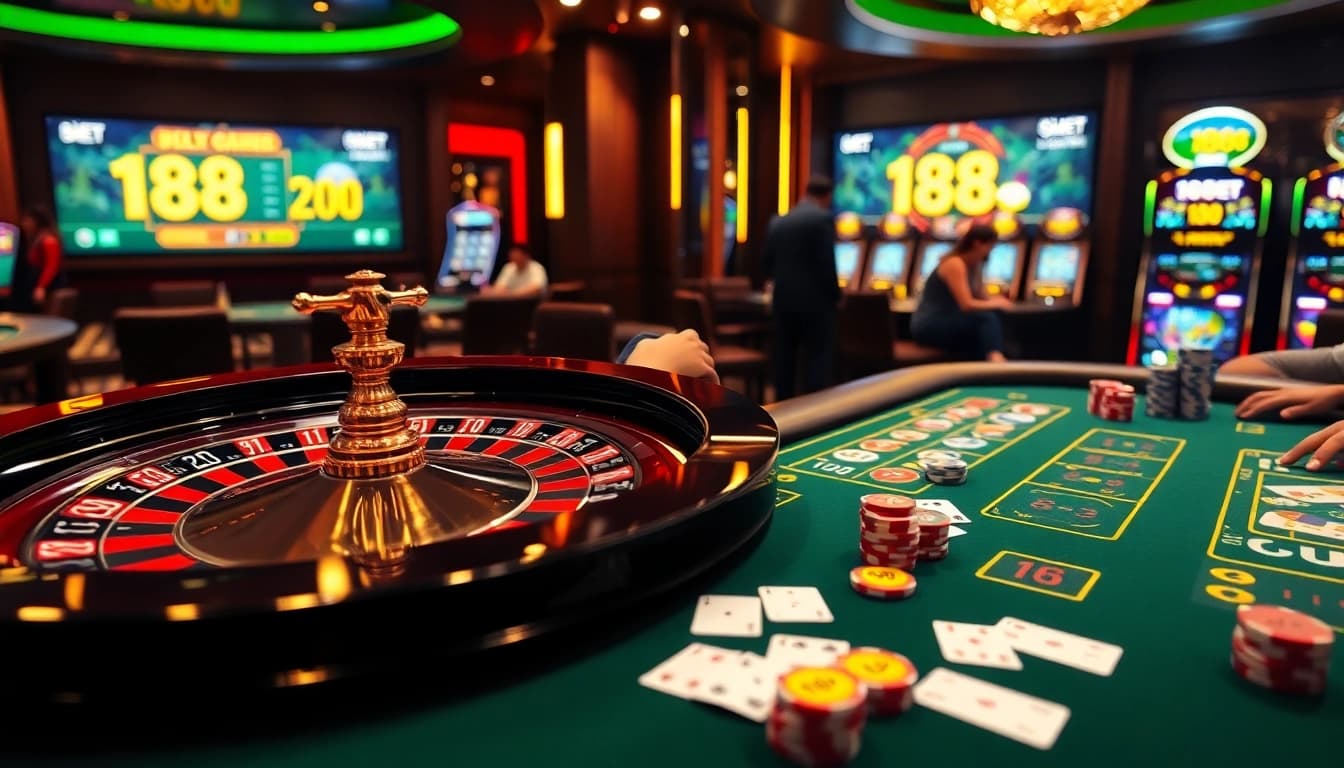 Experience the thrilling atmosphere of 188bet gaming with poker chips and a roulette wheel.