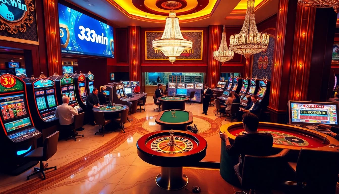 Experience the excitement of 33win with luxurious casino visuals that highlight gaming tables and slot machines.