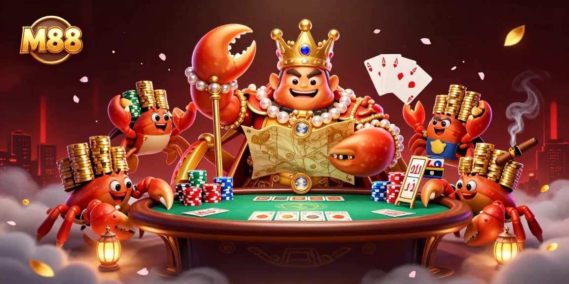M88 poker scene with a golden crab emperor, stacks of chips, and vibrant casino elements.