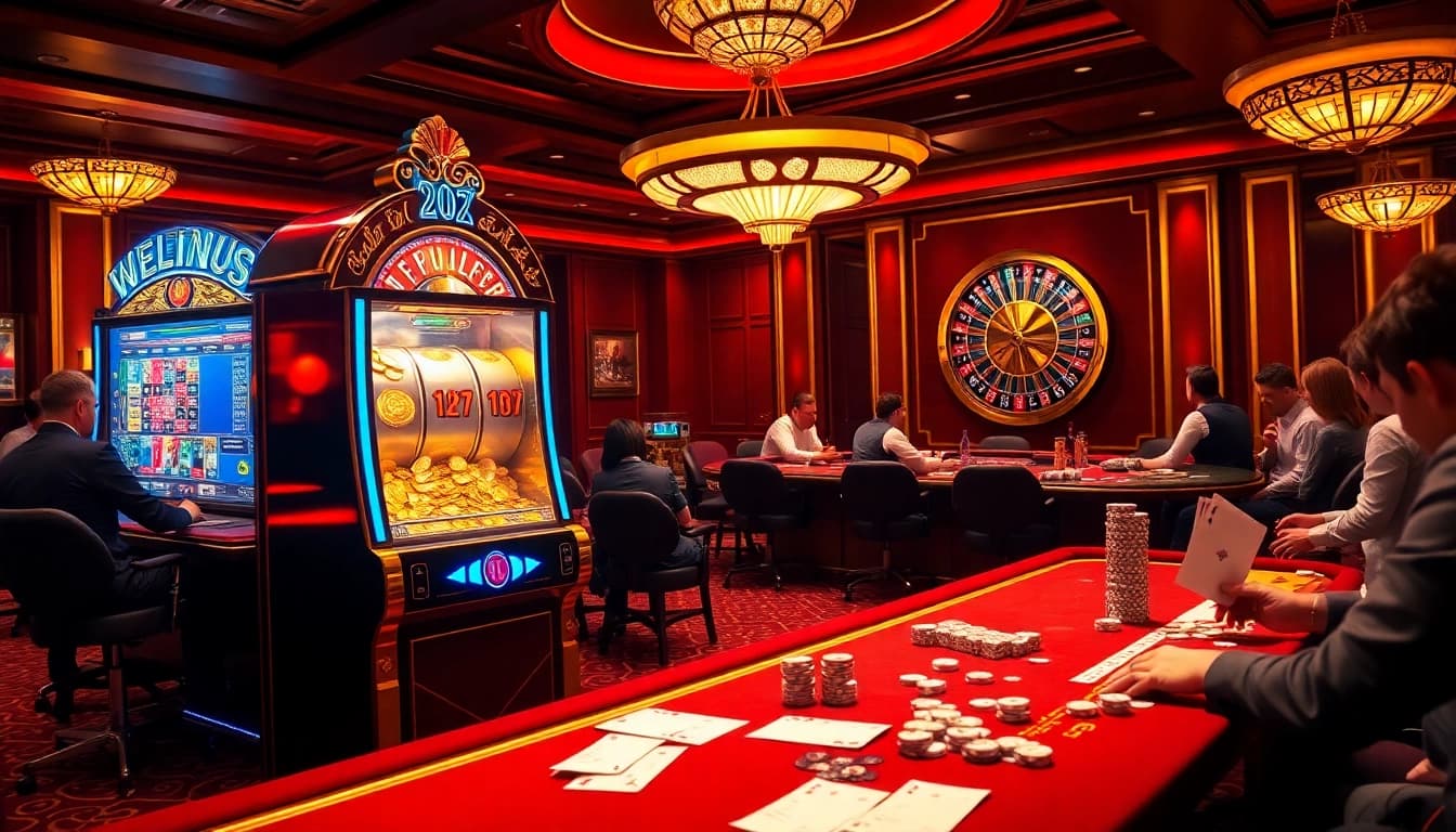 Experience thrilling wins with depo 25 + bonus 26 at our luxurious casino, featuring vibrant slot machines and poker tables.