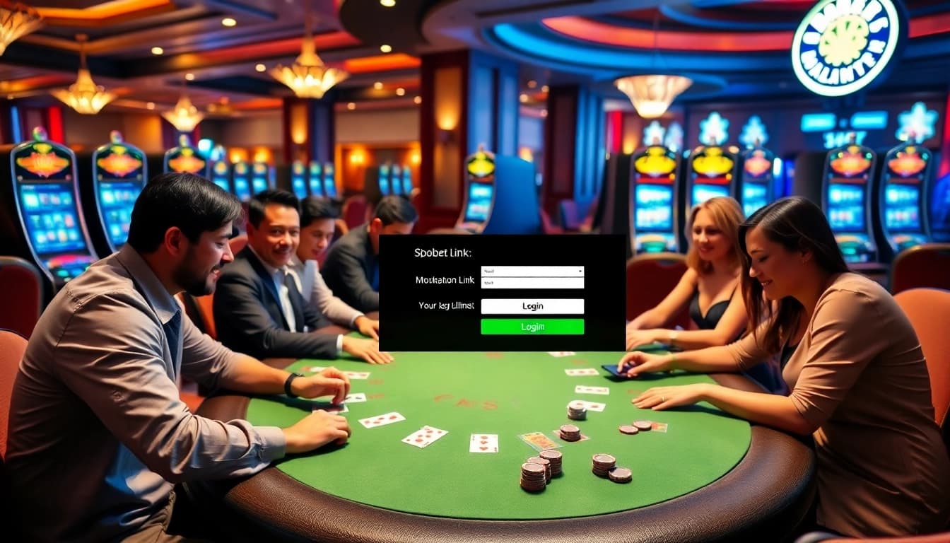 Excited players engaging in high-stakes blackjack at a casino, with sbobet link login interface visible.
