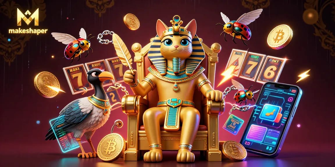 Experience winning spins with makeshaper's Egyptian pharaoh cat in a vibrant casino scene.