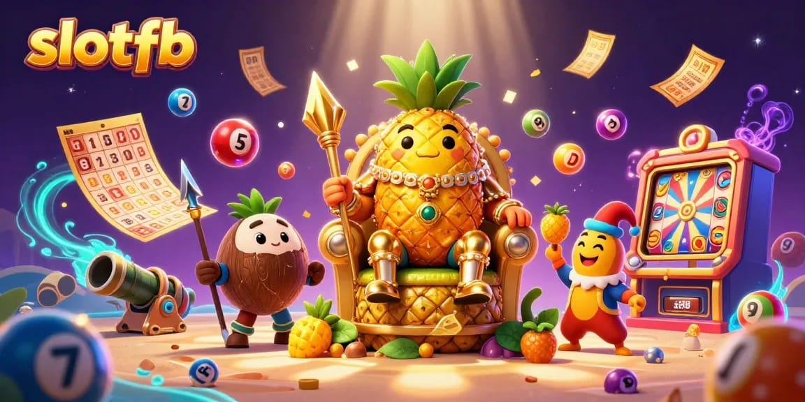 Menyusun strategi permainan saat menikmati slotfb dengan ilustrasi penuh warna dari raja nanas dan suasana kasino yang menarik.