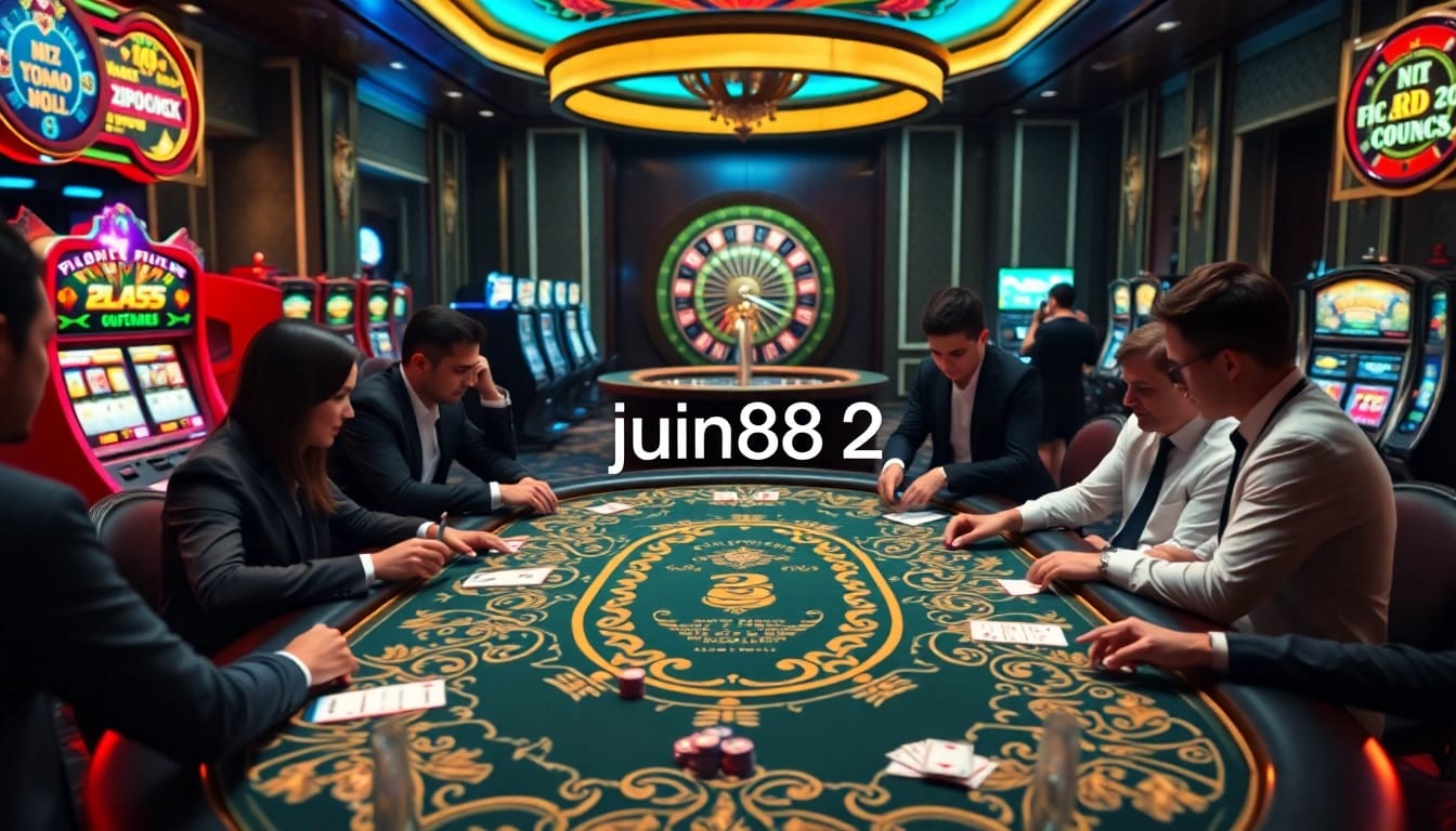 Experience high-stakes gambling at jun88 2 with luxurious casino visuals featuring poker tables and action.