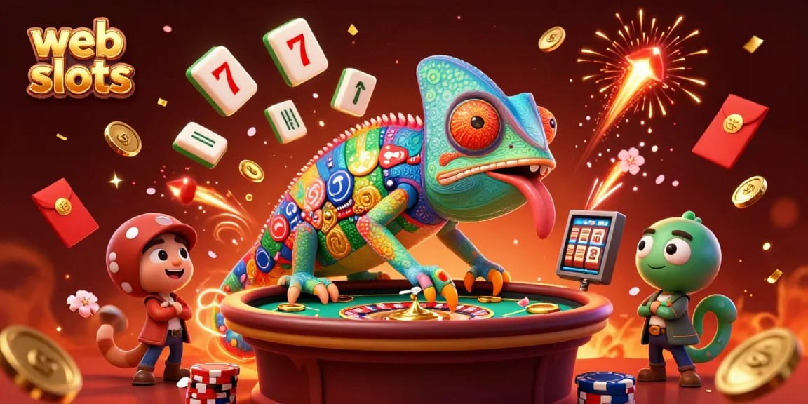 Experience thrilling web slots with an energetic chameleon casino owner collecting coins and winning combinations.