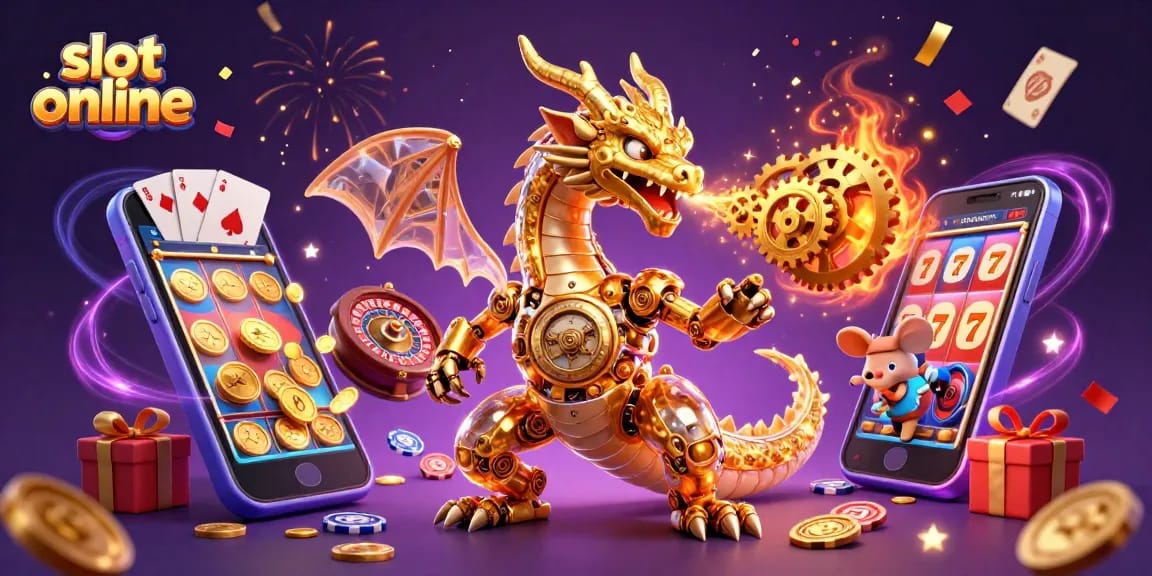 Experience thrilling slot online action with a biomechanical dragon amidst dynamic game elements and vibrant celebrations