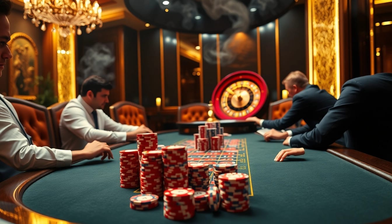 Engage in thrilling gameplay at https://goal123q.com/, with poker chips highlighting high-stakes excitement in a luxury casino setting.