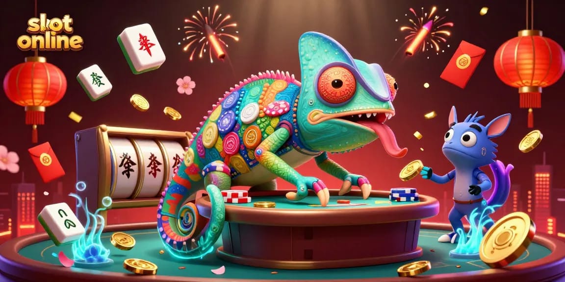 Engage with slot online excitement as a colorful chameleon chomps coins amidst festive casino elements.