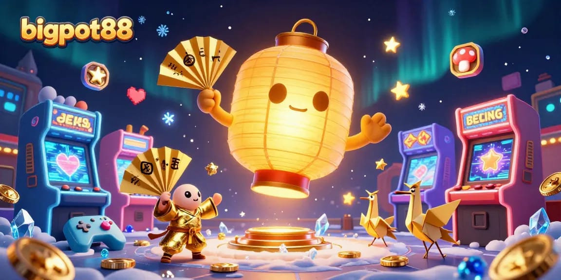 bigpot88 attracts players with vibrant casino magic featuring a golden lantern spirit and arcade elements.