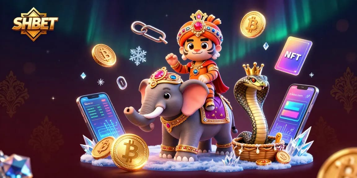Experience SHBET's gaming excitement with vibrant 3D illustration of an Indian maharaja, elephant, and crypto elements.