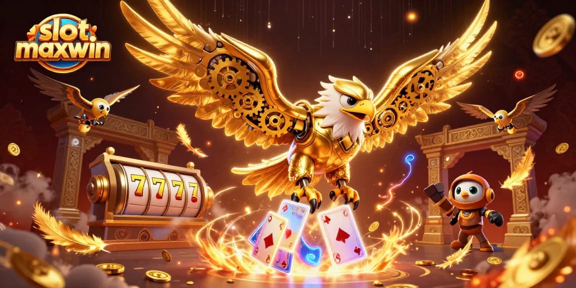 Spin to win with slot maxwin in a vibrant 3D casino scene featuring golden eagle and slot elements.