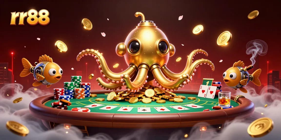 Engage with rr88's vibrant online casino experience featuring golden kraken and poker excitement