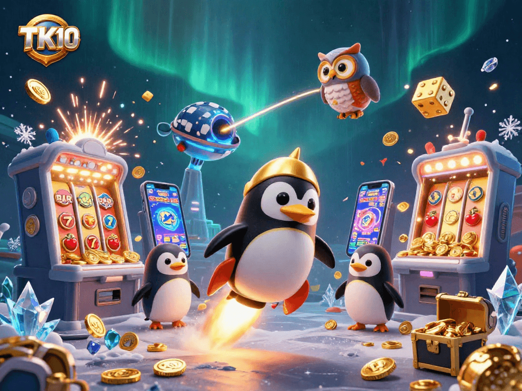 Engage with thrilling TK10 experiences as a golden penguin zooms past a dazzling casino