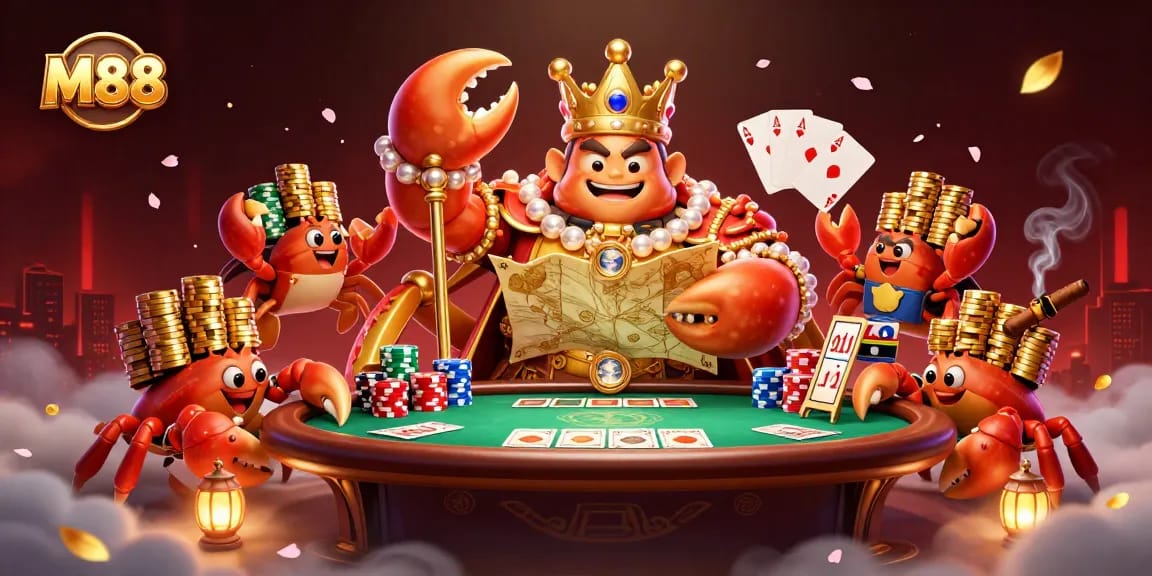 M88 poker scene with a golden crab emperor, stacks of chips, and vibrant casino elements.