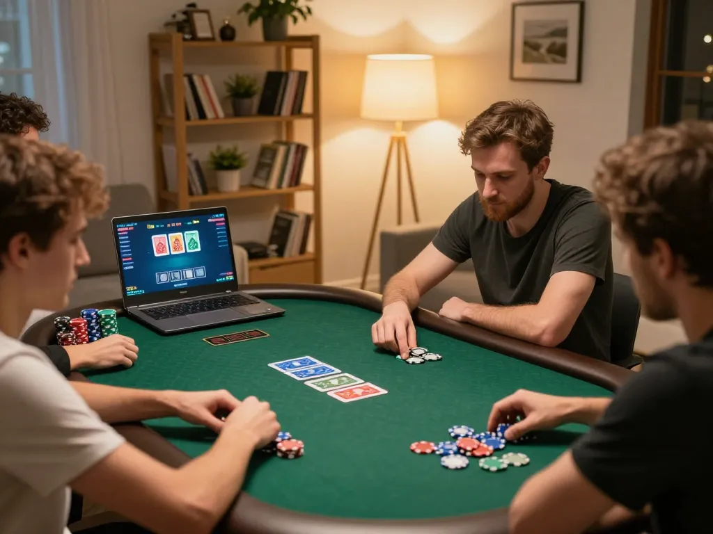 Play poker online at LC88 with a dynamic game interface displayed on a laptop.
