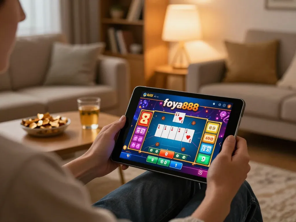 Pengguna yang terlibat bermain poker online foya888 di tablet di rumah, menunjukkan pengalaman bermain yang mendalam.