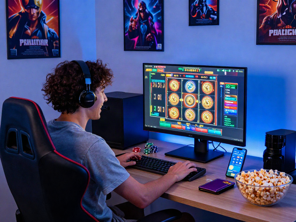 Excited gamer engaged with slot gacor games in a vibrant home setup