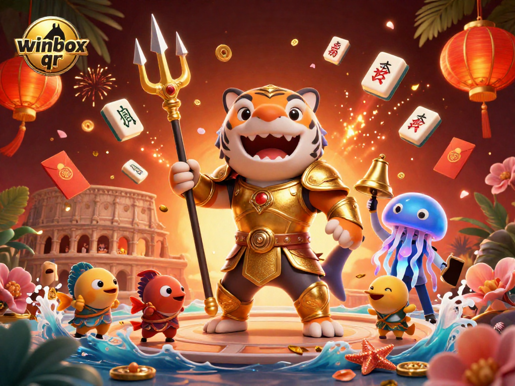 Winbox QR reveals vibrant casino action with tiger shark and festive game elements in 3D.