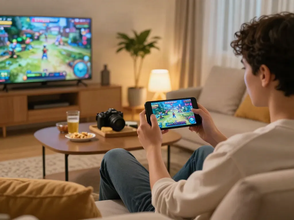 Engaging person playing Rumble Rummy on smartphone in a cozy living room.