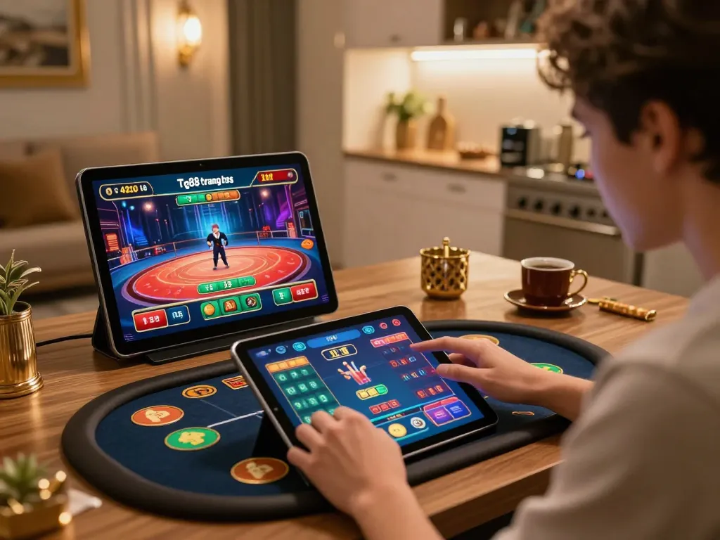 Engaged player using tablet at Tg88 trang chủ for online casino gaming with vibrant atmosphere.