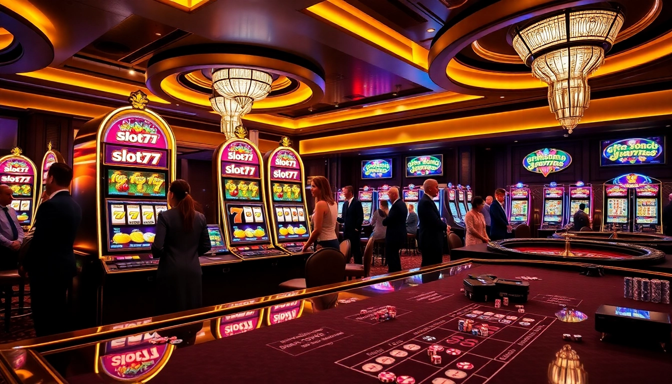 Pemain yang terlibat menikmati mesin slot777 di lingkungan kasino mewah dengan warna-warna cerah.