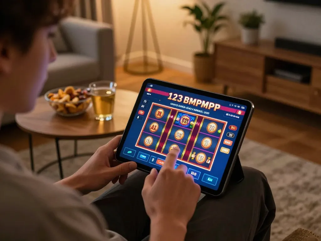Player enjoying online gaming on 123bmvp platform, showcasing tablet with vibrant slot games on screen.