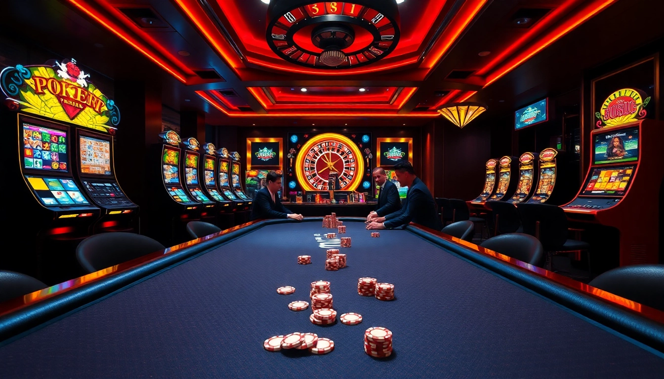 Engaging casino scene depicting poker players at a 123win table surrounded by vibrant slot machines.