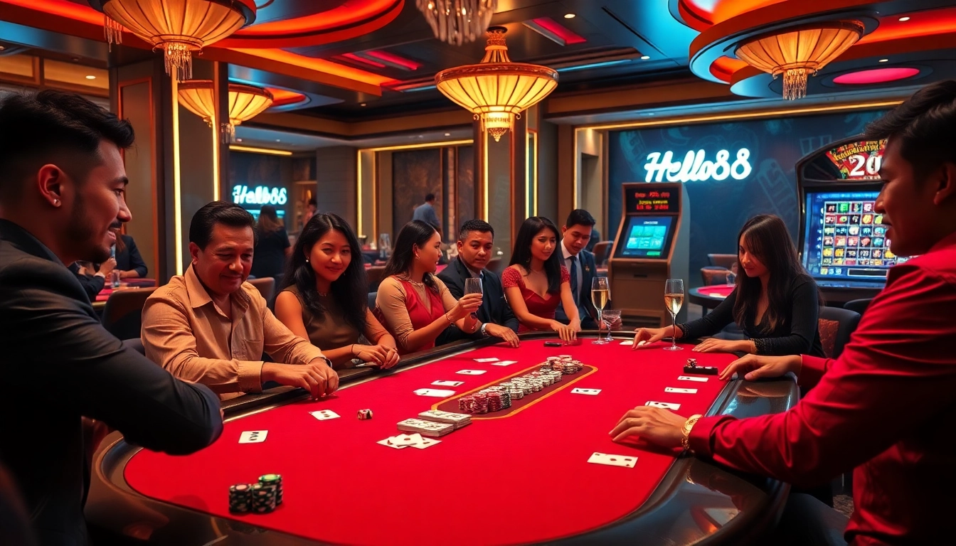 Hello88 players strategizing in a vibrant casino setting, showcasing excitement and luxury.