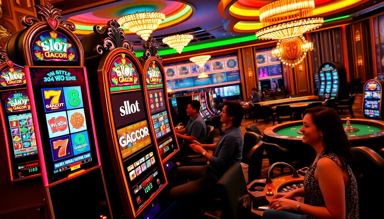 Memenangkan permainan mesin slot gacor di suasana kasino yang cerah dengan kegembiraan jackpot.