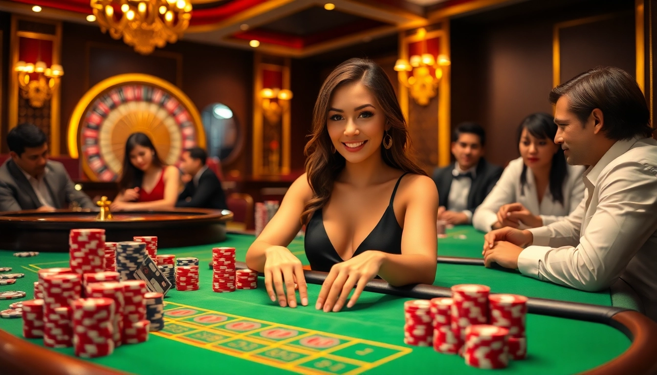 Exciting gameplay at the casino featuring poker chips and a roulette wheel on https://lodetructuyen.co/ with engaged players.