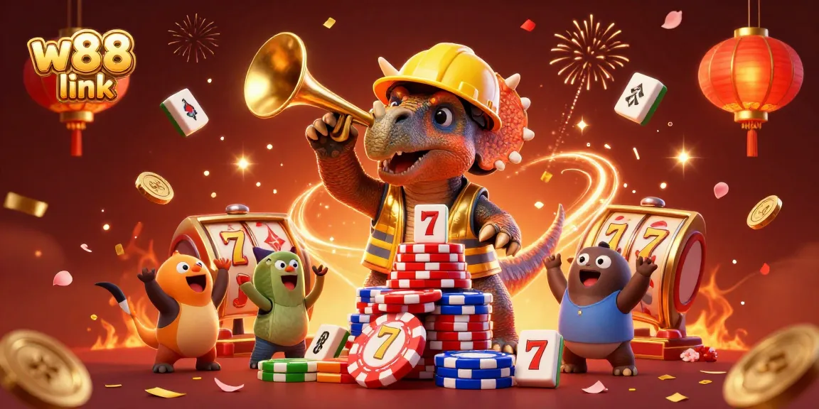 Engage with the exciting w88 link experience showcasing a 3D triceratops and friends celebrating amid casino elements.