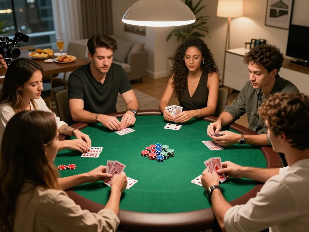 Engaging home poker night scene at https://5g28.com/ with friends strategizing over vibrant green felt table.