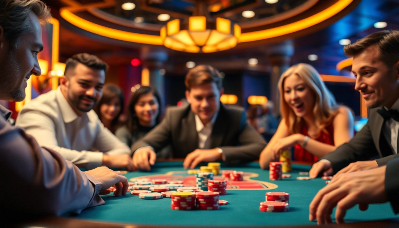 Experience the excitement of uvip at a lively casino poker table with engaged players.
