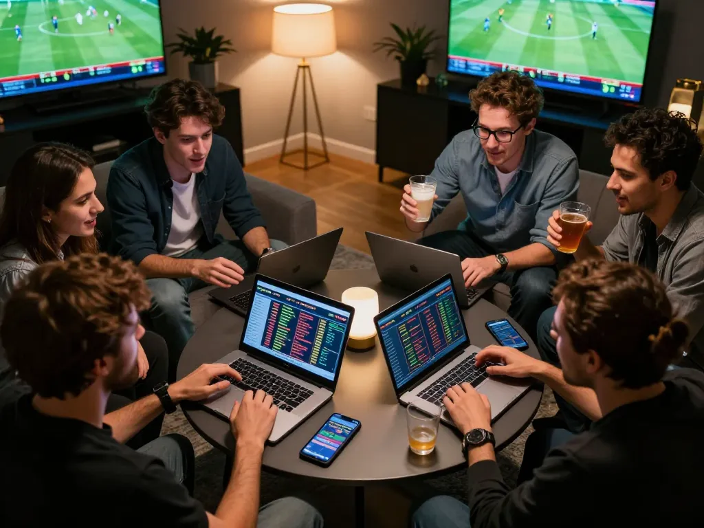 Group of friends experiencing the thrill of 7meter Parlay sports betting during a home game.