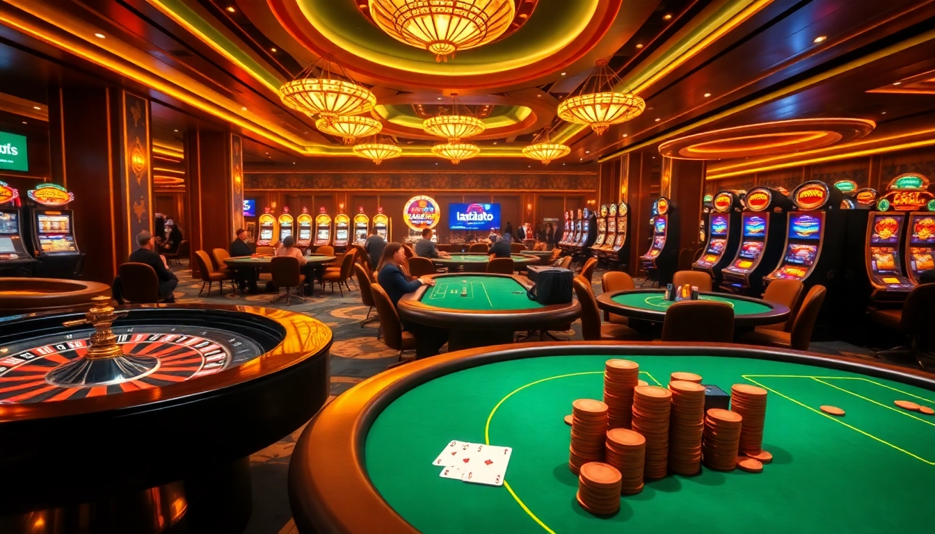 Lazadatoto gaming experience featuring vibrant casino tables, poker chips, and a roulette wheel.