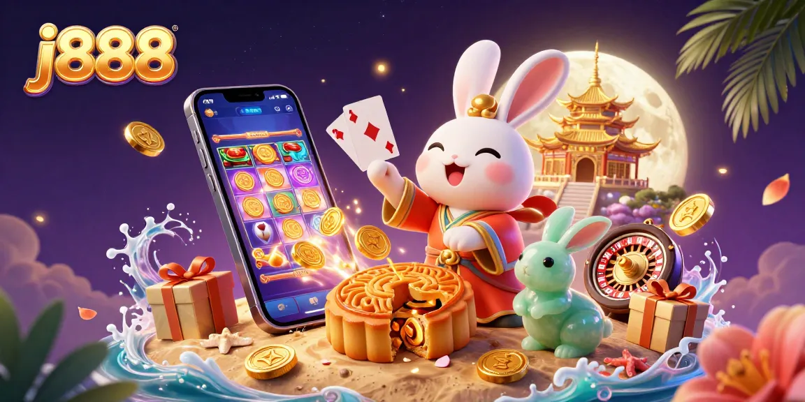 Experience the thrill of j888 as a moon rabbit reveals poker chips in a vibrant casino-themed illustration.