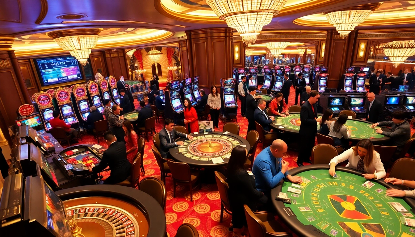 Players enjoying a thrilling gaming experience at sky 88 casino, featuring roulette tables and slot machines.