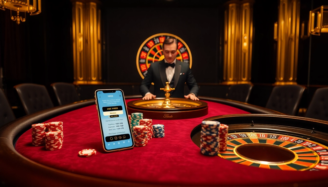 Nạp Tiền MMOO with a mobile device at a luxurious casino poker table surrounded by vibrant chips.