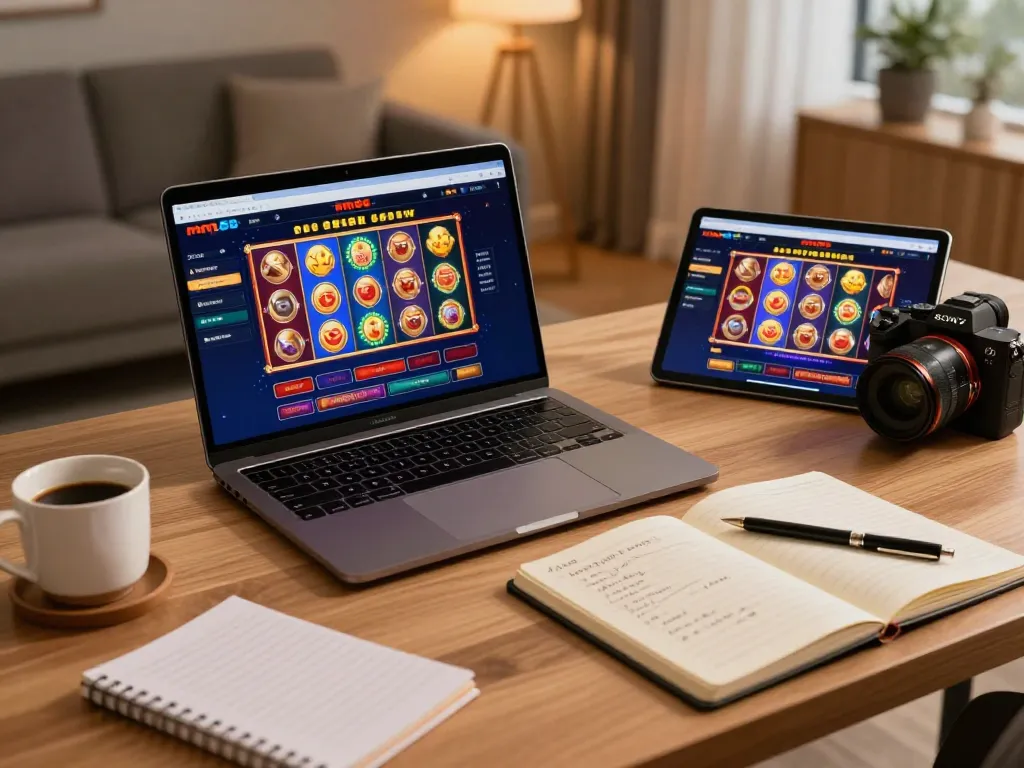 Enjoying mm88 casino games on a laptop with vibrant graphics, showcasing a strategic online gaming experience.
