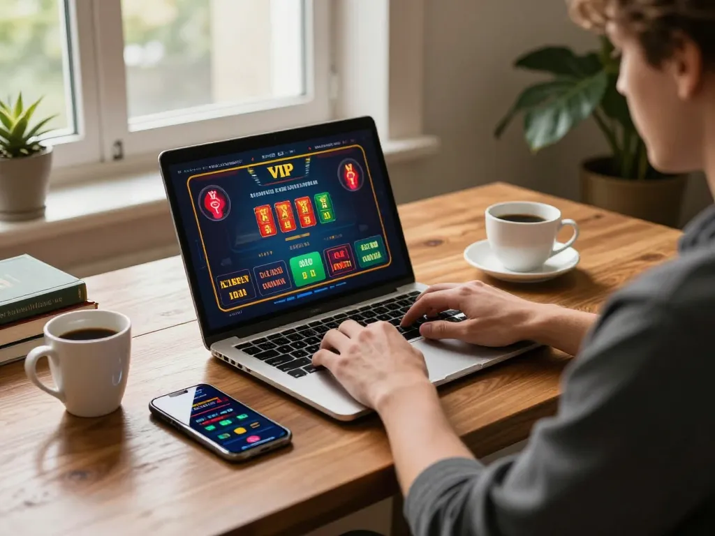 Engaged user playing on vipwin platform from a cozy home office setting