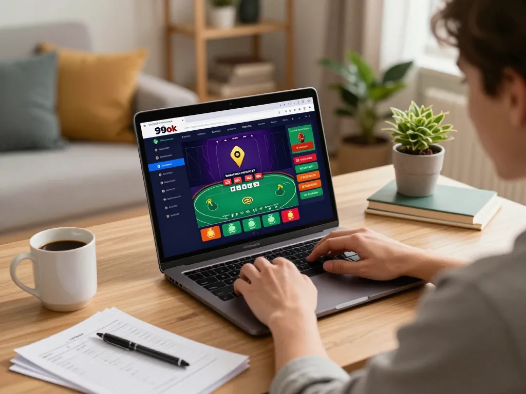 Placing bets on 99ok while enjoying a cozy home gaming setup with laptop and strategies.