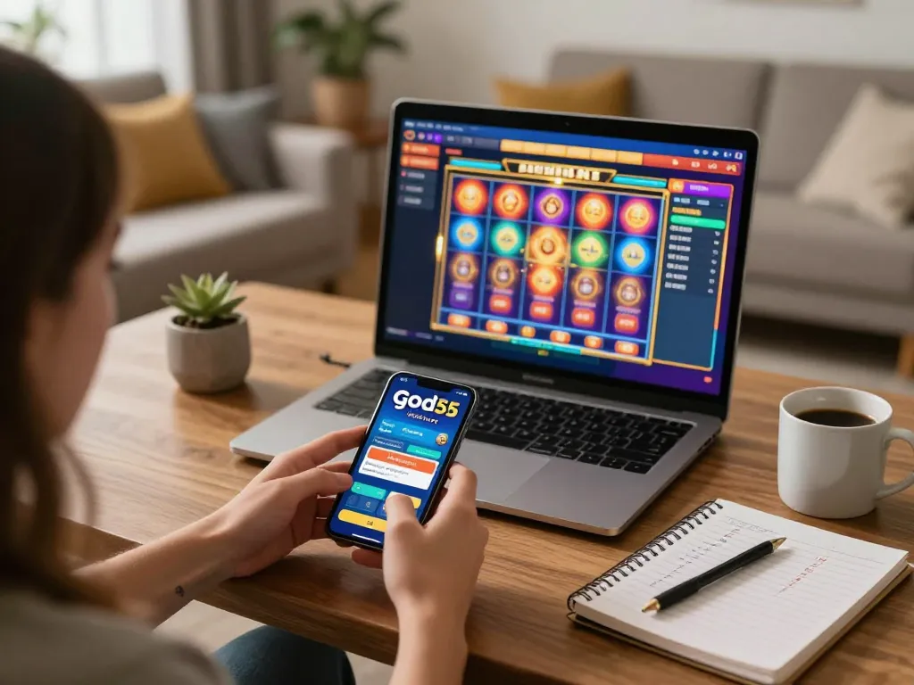Playing slots on the god55 app in a cozy living room setup