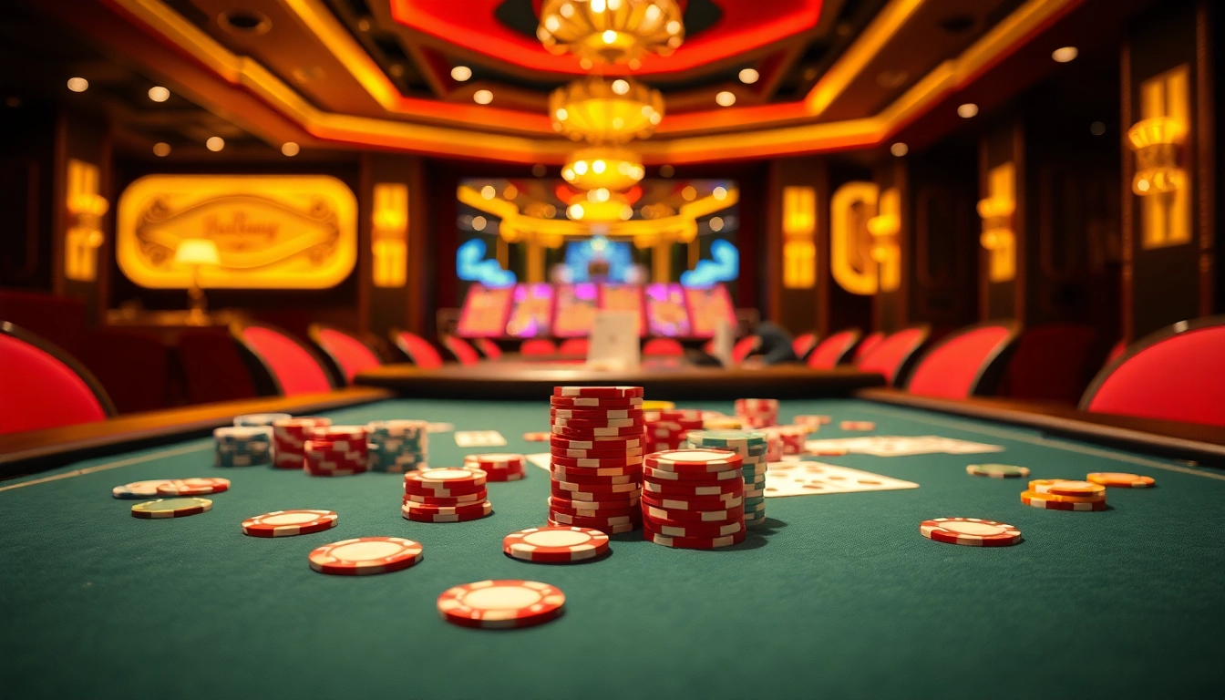 Engaging scene of Diwa777 poker game with vibrant chips and glowing cards in action.