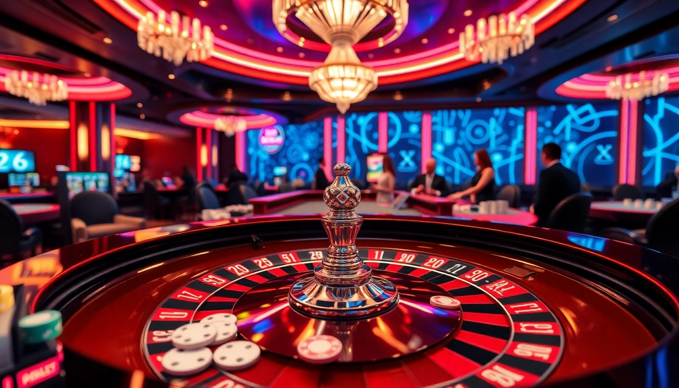 RR88 casino scene with roulette table, vibrant gambling atmosphere, and engaged players.