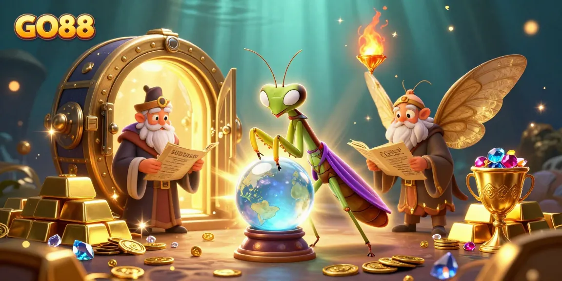 Experience the exciting world of GO88's games with vibrant characters and treasures illuminating the casino atmosphere.