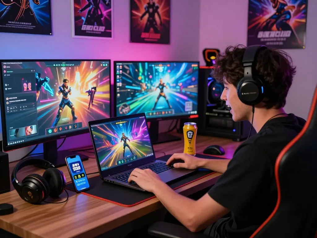 B52 Club tải interface displayed on smartphone next to an engaged online gamer with vibrant gaming graphics.