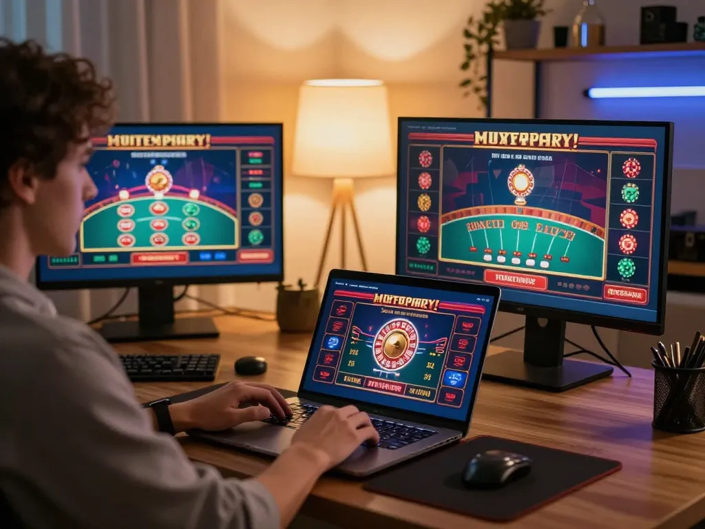 Kuwinfi user engaging with live casino games on multiple screens, showcasing dynamic online betting experience
