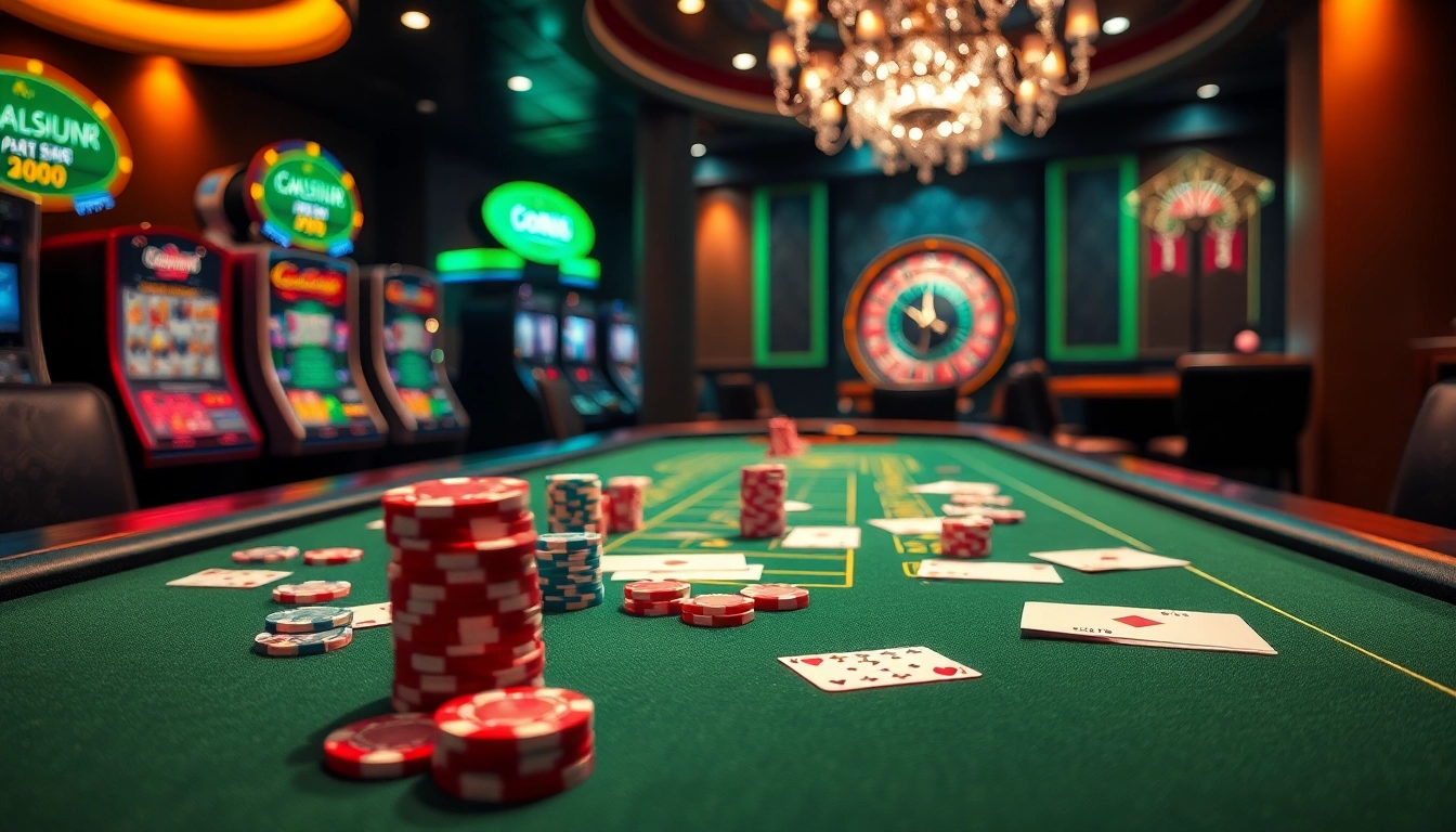 Experience the thrill of Co88 casino with vibrant gaming tables, poker chips, and lively slot machines.