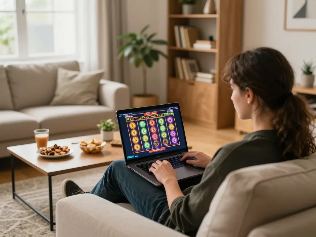 Engaging in online USA casinos from a cozy home setting, focused on a laptop displaying games.