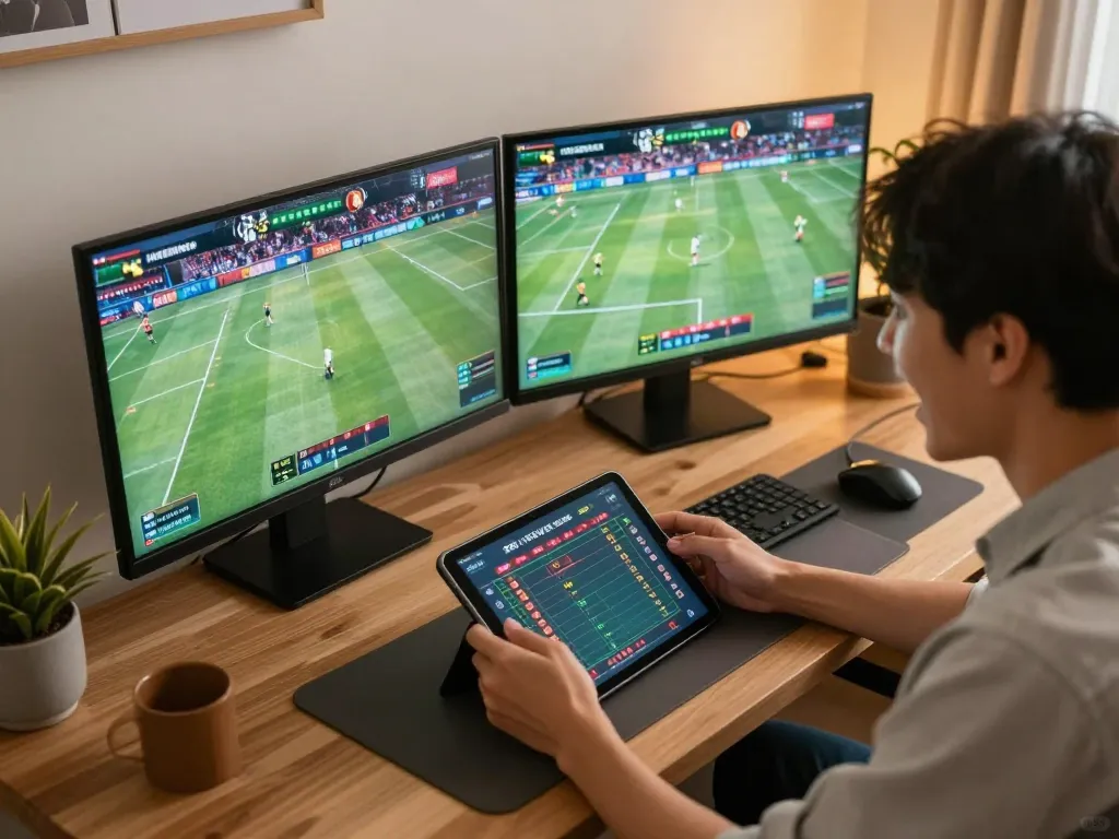 Excited player engaging in live sports betting on one88br from a stylish home workstation
